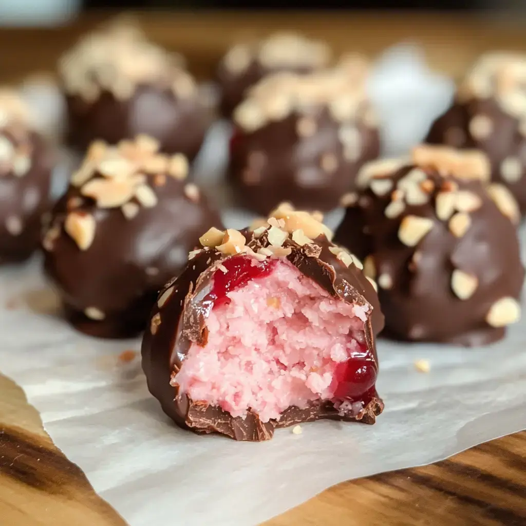 Close look at chocolate-coated chocolate balls, with one bitten open showing a pink inside and cherry center, topped with nut pieces.