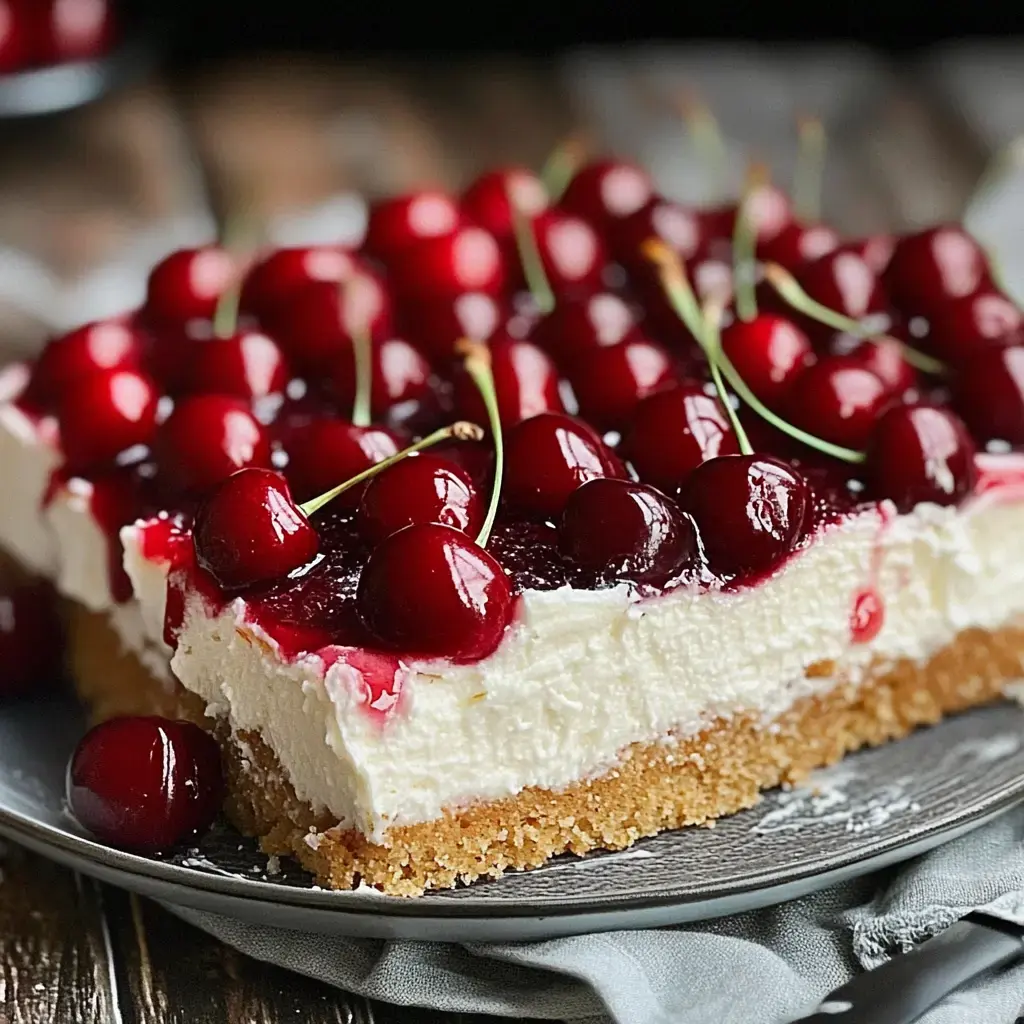 This shot shows a cheesecake with shiny cherries on top and a few whole cherries on the side, all sitting on a gray dish.
