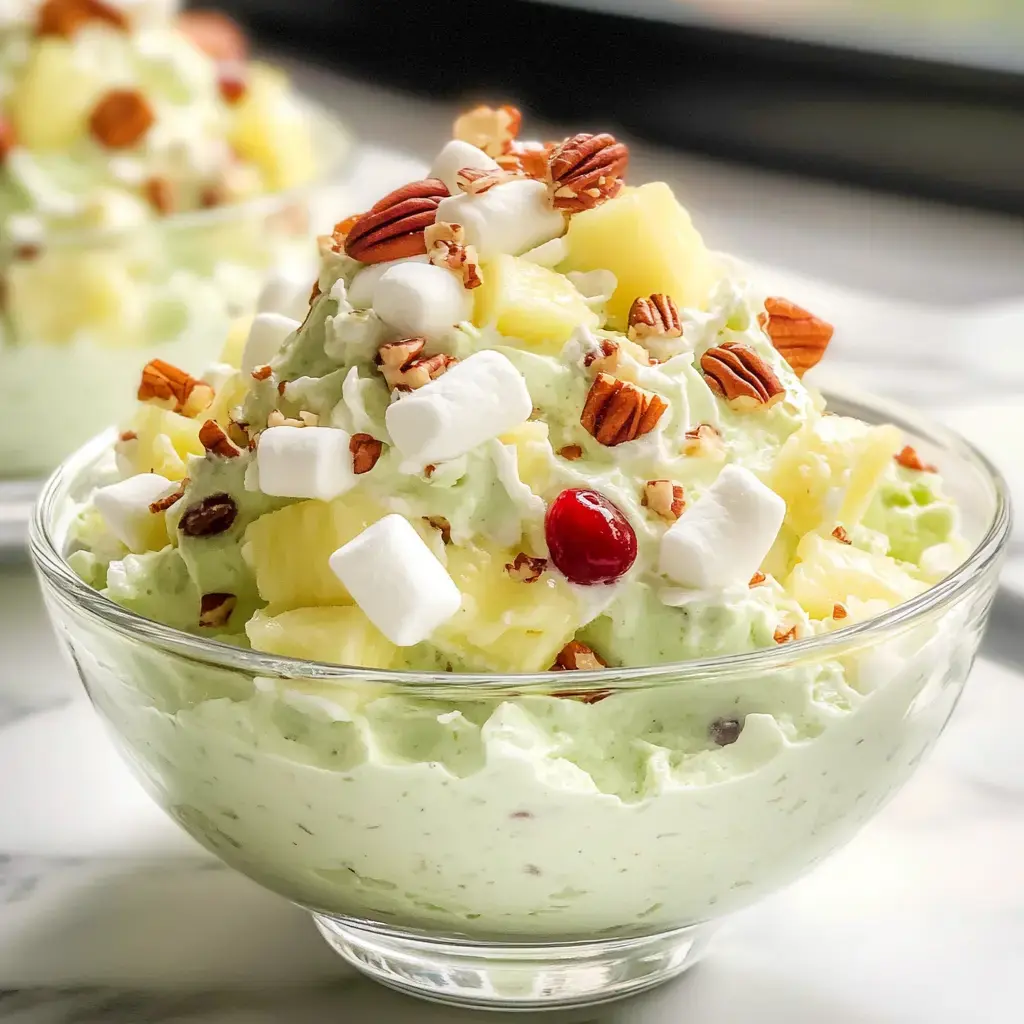 A clear bowl is packed with fluffy green goodness, topped off with pineapple bits, crushed pecans, little marshmallows, and a cherry on top.