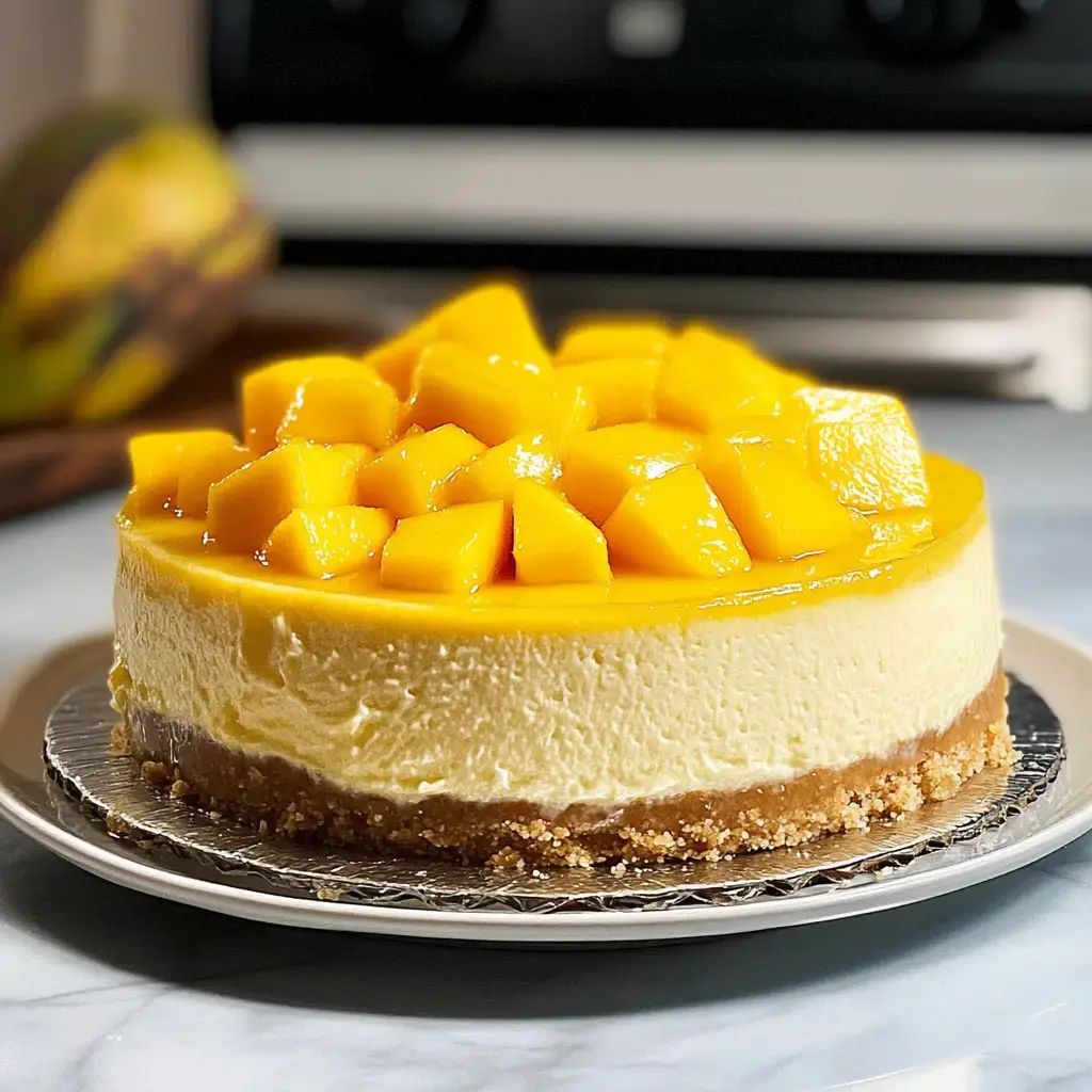 A rich cheesecake sits on a plate, covered with diced mango and shiny yellow glaze, on a crisp base.
