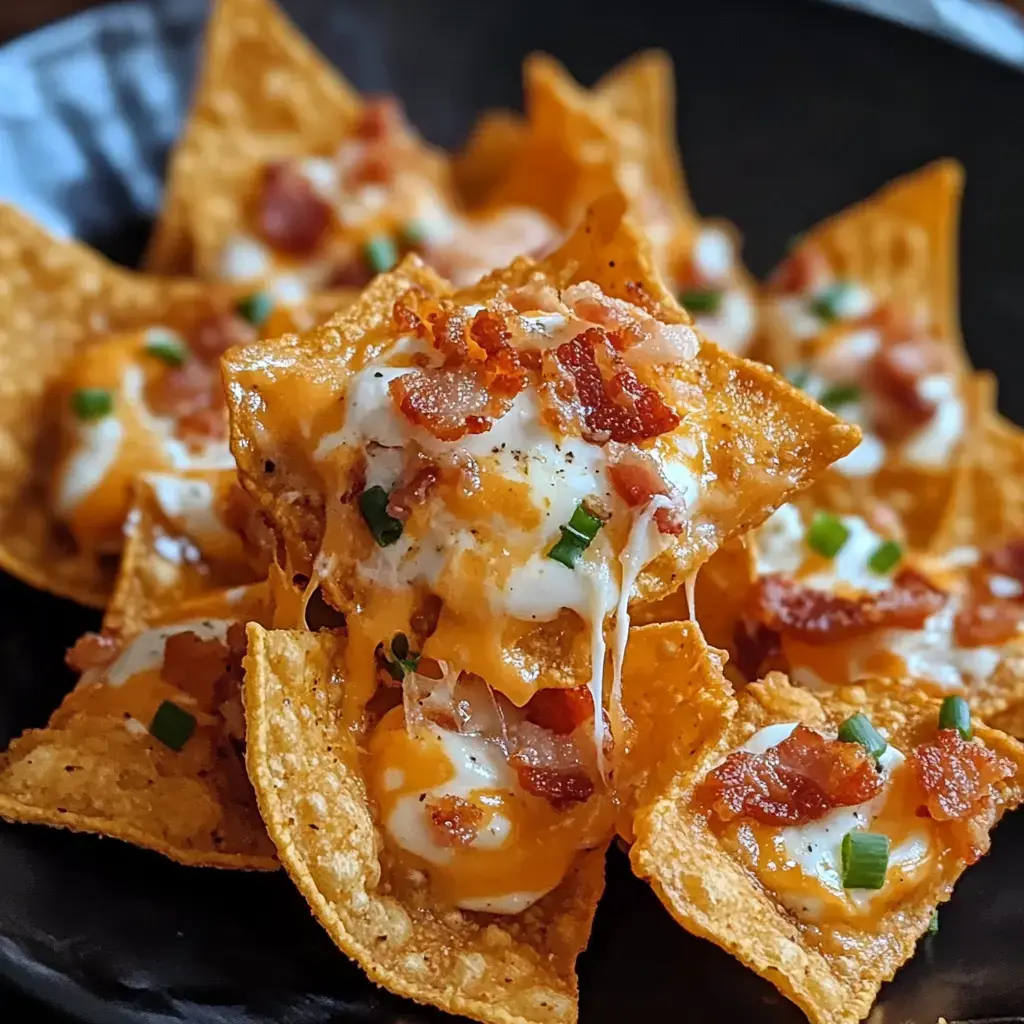 Plate covered in cheesy nachos with bacon crumbles and green onions close-up.