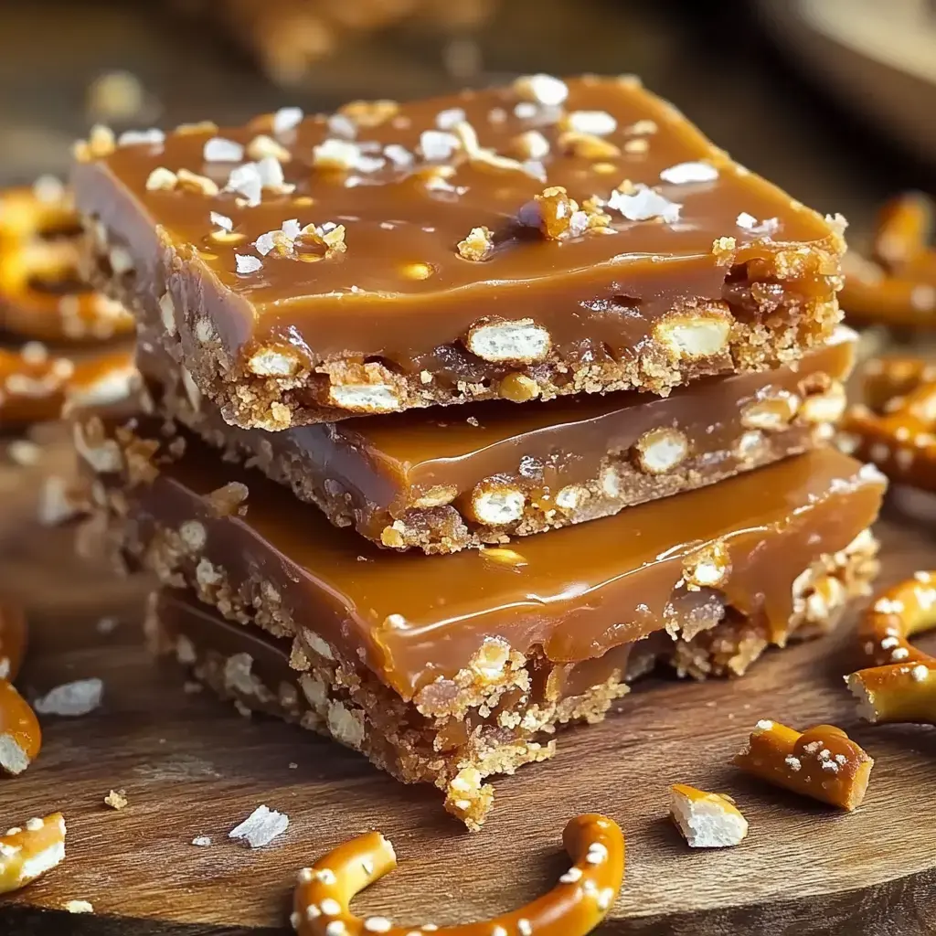 Crunchy pretzel caramel bars stacked up with big flakes of sea salt, pretzels scattered around, all on a wood table.
