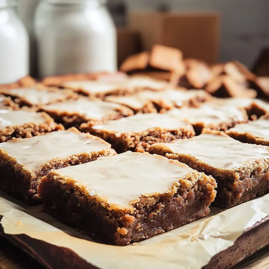 Close look at a pan of frosted dessert bars cut into tidy squares with shiny icing on top.