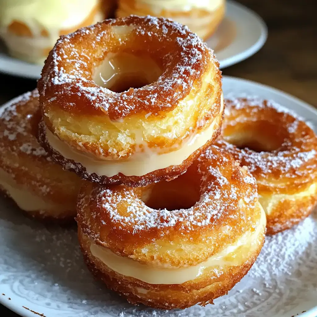 Three doughnuts, stuffed with cream and finished off with a glaze and powdered sugar, sit on a white plate up close.