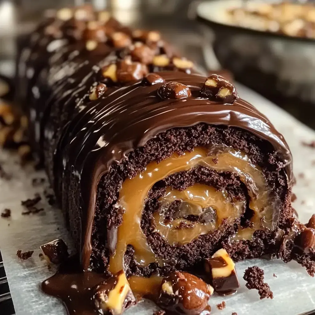 Chocolate cake roll stuffed with sticky caramel and covered in chocolate ganache and chopped nuts.