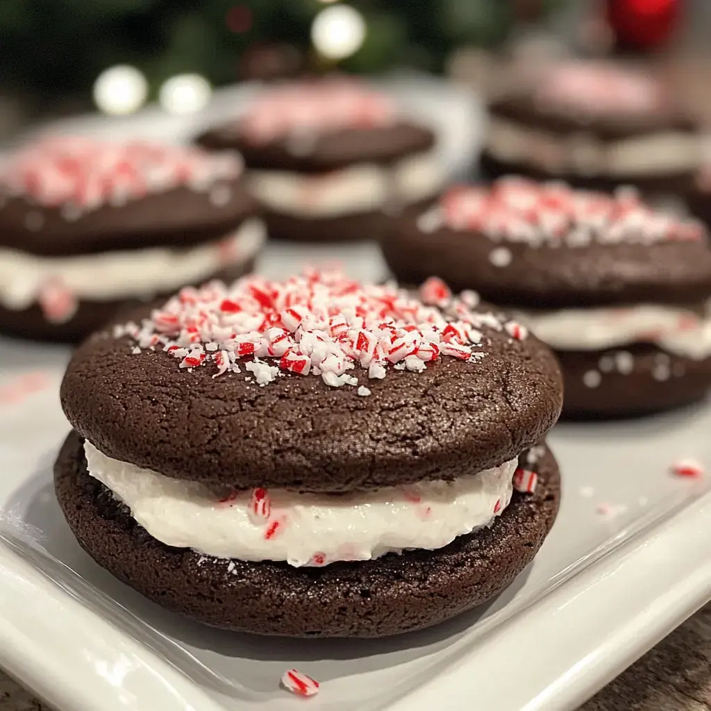 Stack of chocolatey whoopie pies with creamy middle and crushed peppermint on top—all on a white plate.
