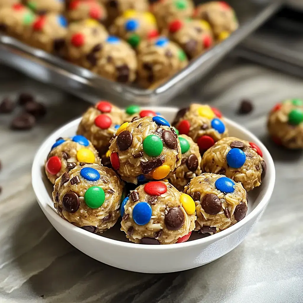 A bowl filled with vibrant no-bake treat balls covered in chocolate and candy pieces, with even more treats blurred in the background.