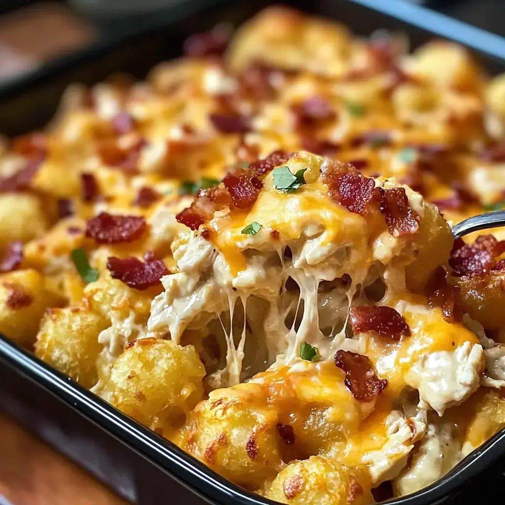 Cheesy chicken and bacon bake topped with crispy golden tots and some fresh herbs sprinkled over.