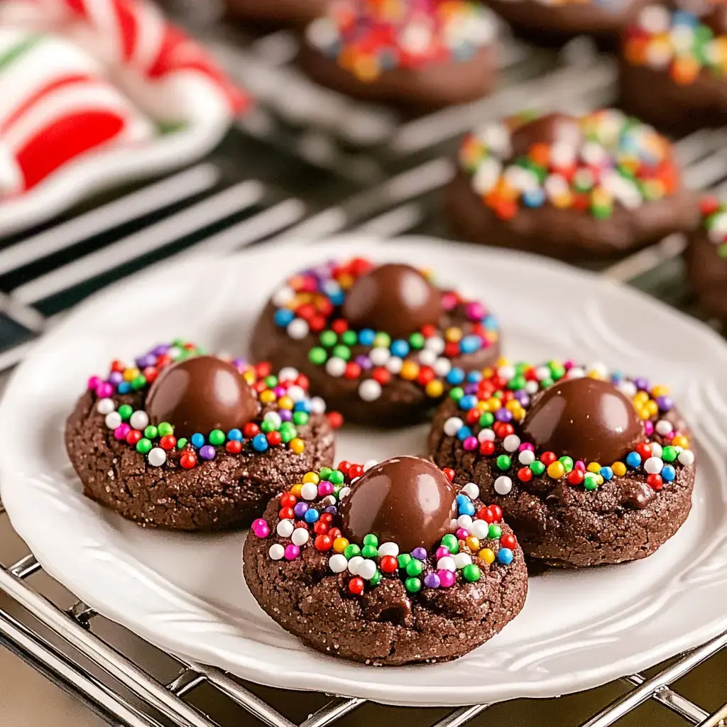 Chocolate cookies topped with sprinkles and Hershey's Kisses sit on a rack, ready to be enjoyed.