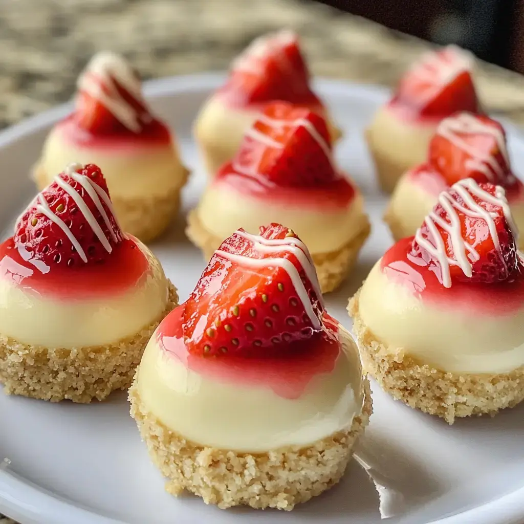 A plate full of tiny cheesecakes covered with strawberries and shiny glaze, finished off with white chocolate drizzle.