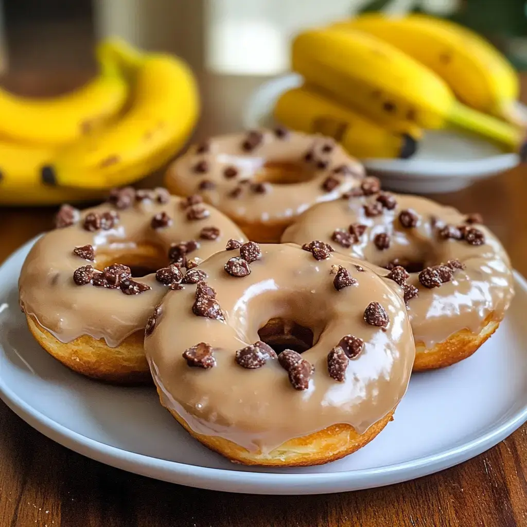 A plate piled with donuts covered in chocolate sprinkles, bananas chilling in the background.