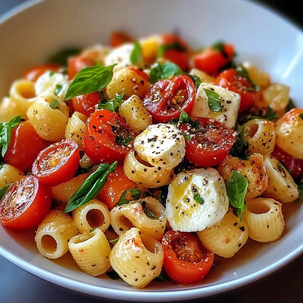 Cherry tomatoes, mozzarella balls, fresh basil, and cracked pepper tossed together in a close-up bowl of pasta salad.