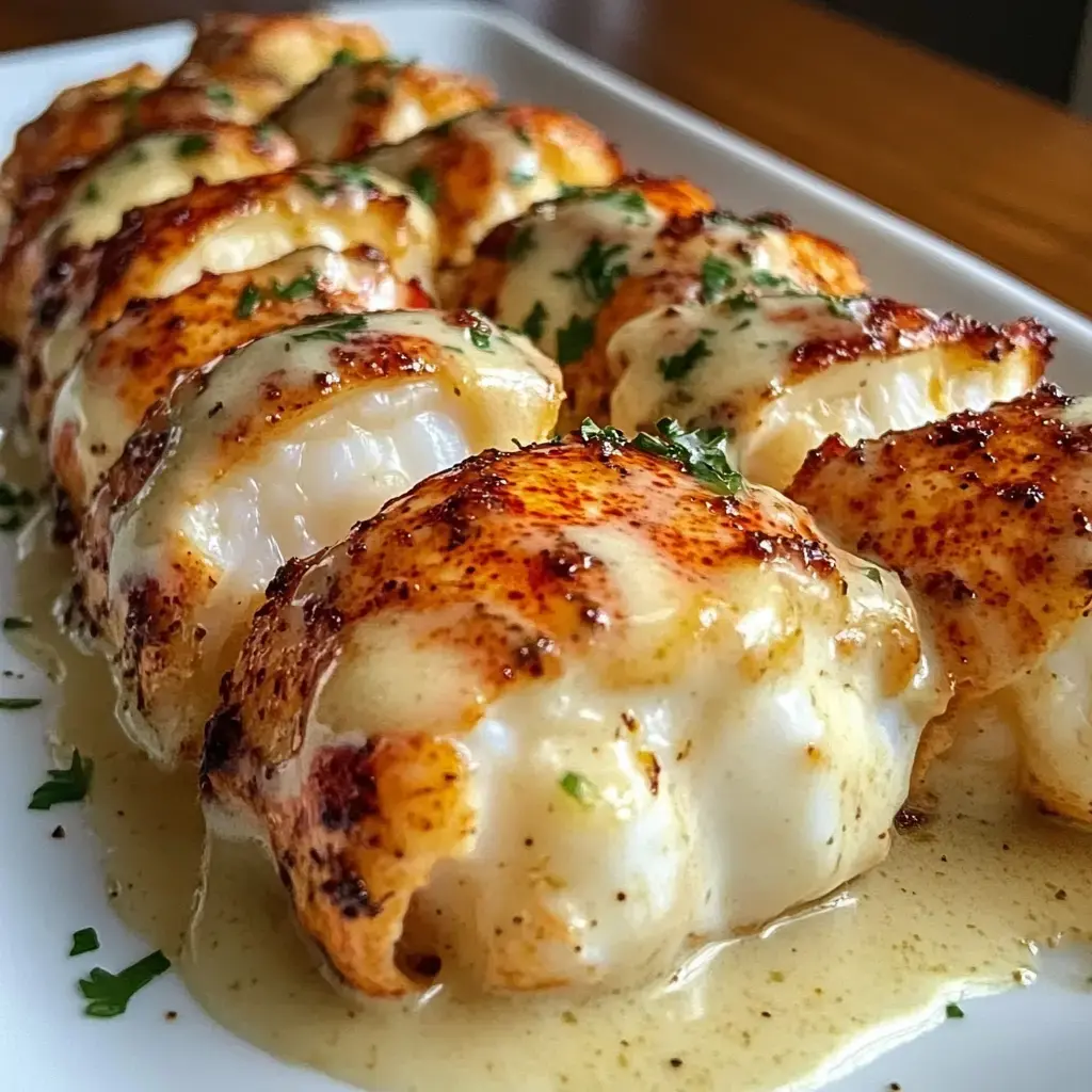 Succulent lobster tails, golden on top, blanketed in creamy sauce, finished with parsley and paprika, close up.