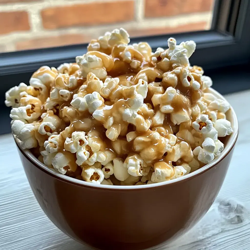 A big brown bowl packed with caramel-drizzled popcorn, sitting by a window and exposed brick wall.