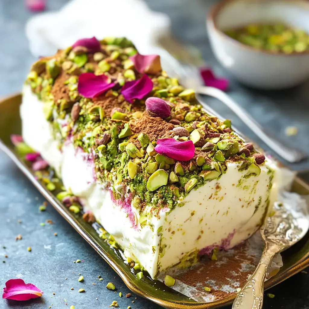 Dessert shaped like a rectangle with layers of creamy filling, chopped pistachios, and rose petals, sitting on a dark plate.