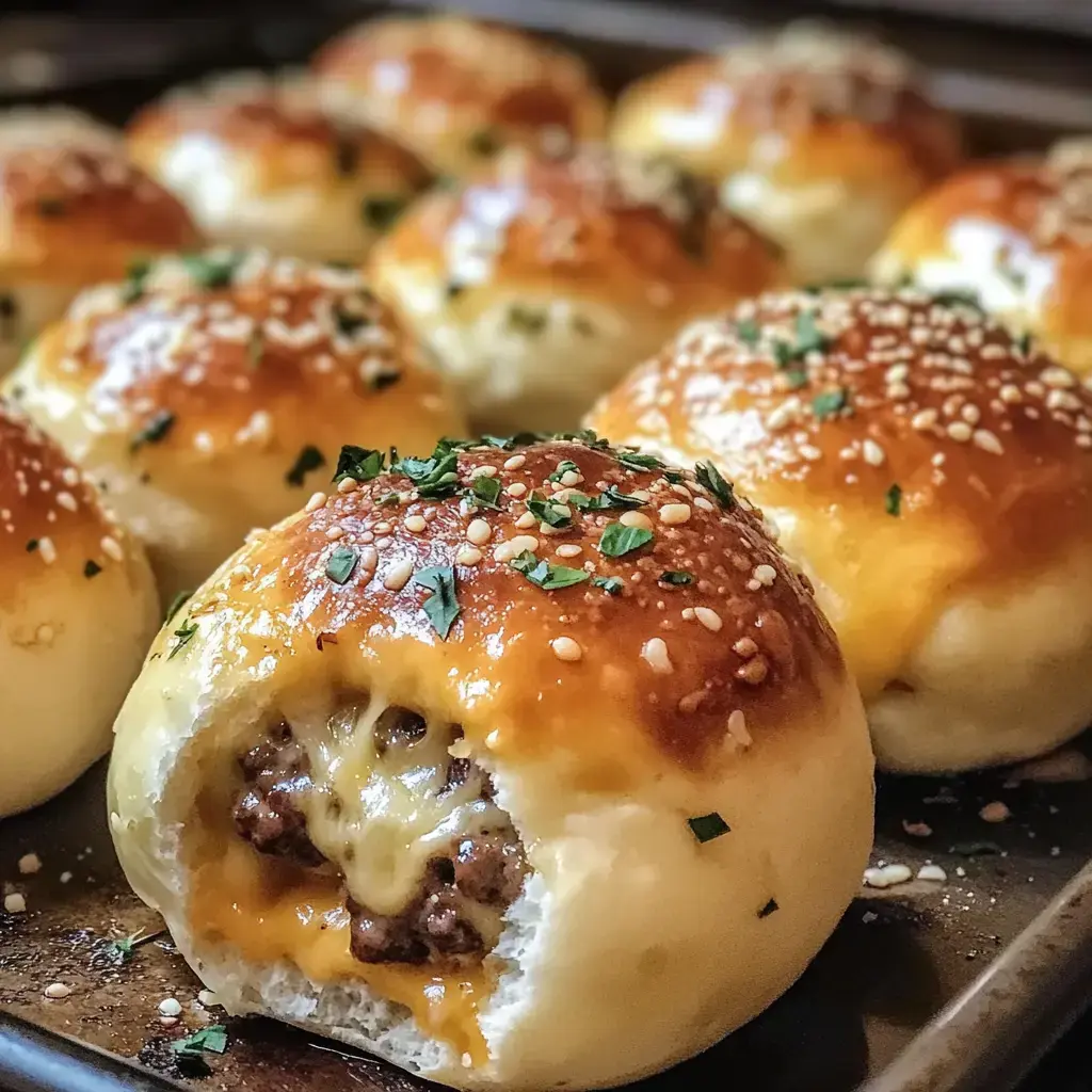 Freshly baked stuffed rolls topped with herbs and sesame, showing a cheesy meat filling inside.