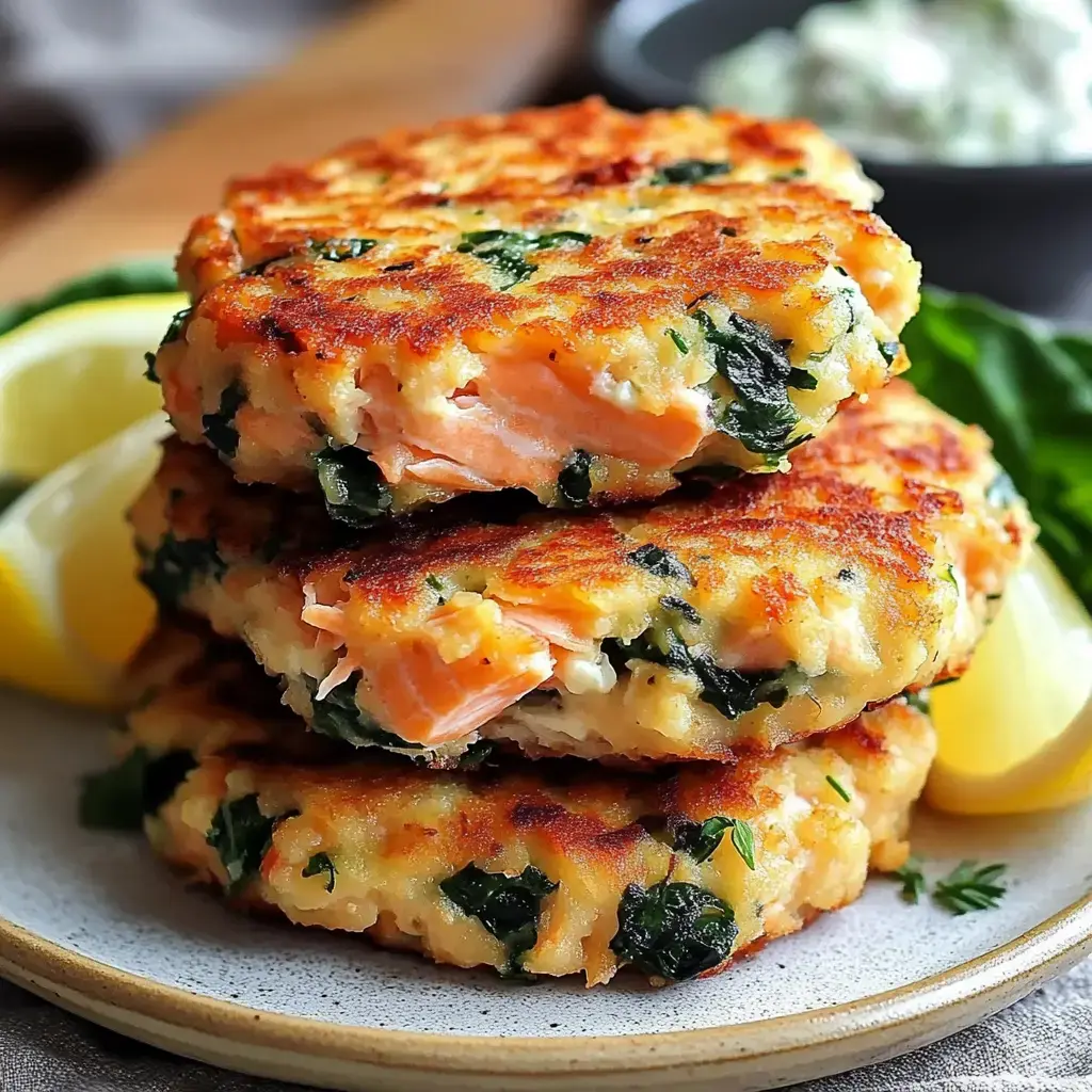 Golden salmon patties stacked with spinach, bright lemon, and a creamy dip nearby.