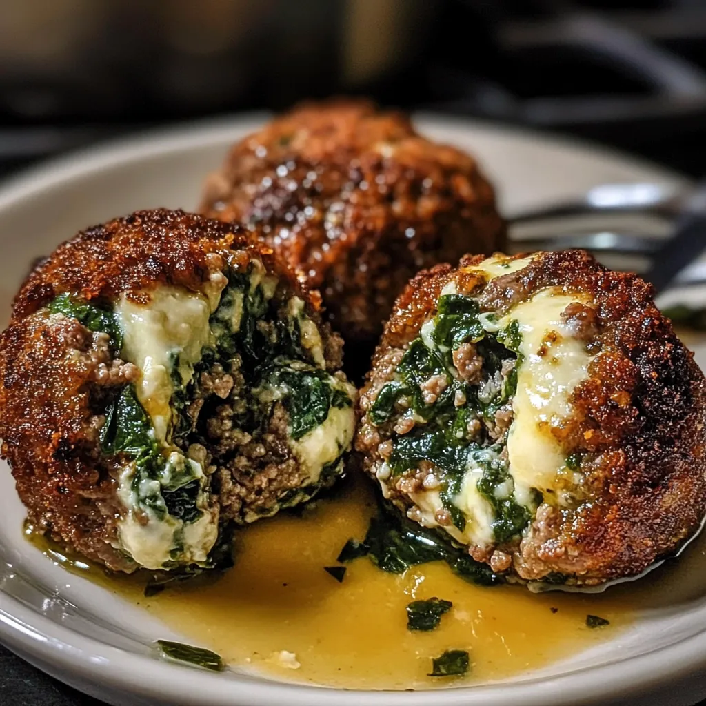 Spinach Garlic Meatballs Stuffed with Mozzarella