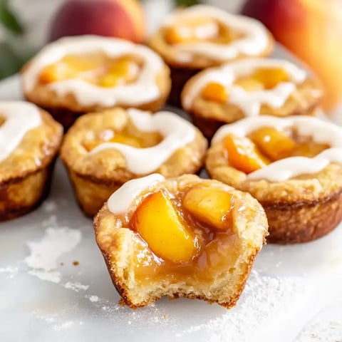 A plate of peach tarts with one showing a bite mark, featuring a crumbly base, juicy peach filling, and sweet icing drizzle.