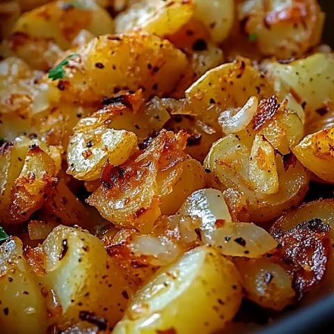 A zoomed-in shot of amber, crunchy baked potatoes blended with softened onions and sprinkled with fragrant herbs.