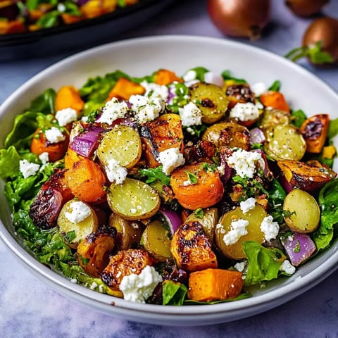 A vibrant bowl featuring oven-roasted veggies including orange and purple carrots, grapes, and cheese crumbles, all arranged on fresh leafy greens.