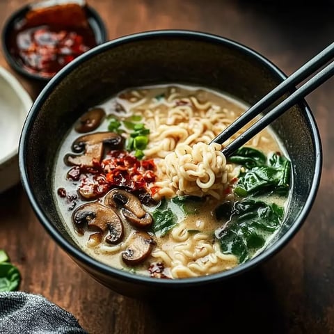 A steaming bowl of noodle soup with sliced mushrooms, green spinach and red pepper flakes, held with wooden chopsticks.