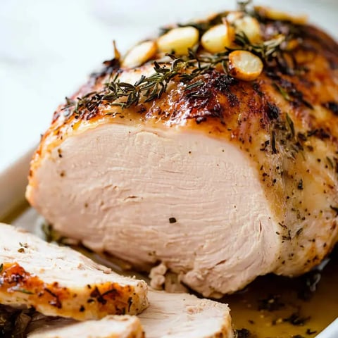 A tender, herb-coated turkey breast sliced thin on a serving dish with fresh garnish.