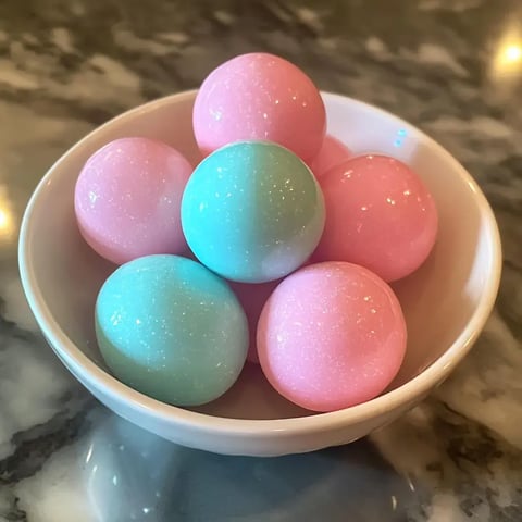 A tiny white dish containing light pink and blue shiny balls arranged in a fun pattern.