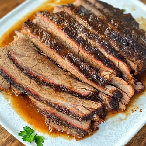 Juicy sliced brisket in rich sauce on a white serving dish with fresh parsley garnish.