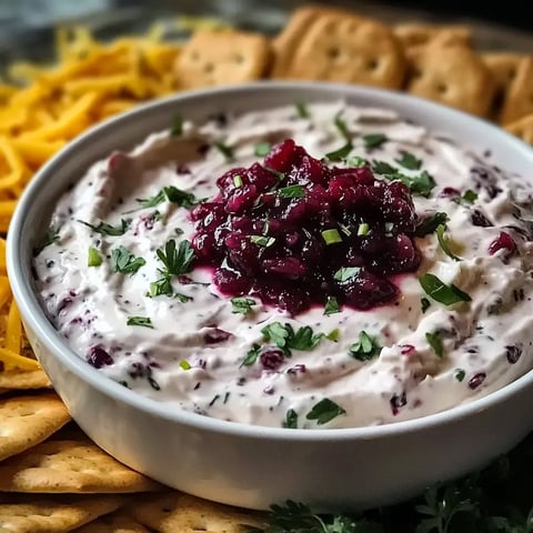Creamy white dip with cranberry topping, herbs, some shredded cheese, and crackers all around.