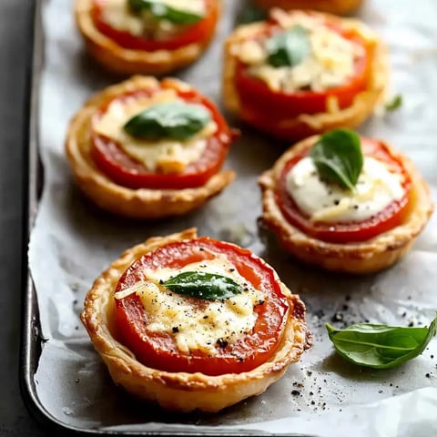 Six tiny tomato and cheese pastries sit on a baking tray, topped with fresh basil sprigs.