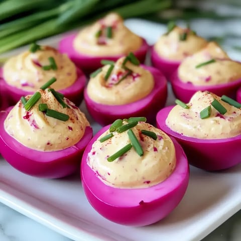 Close-up shot of super pink deviled eggs with creamy topping, green onions, and some spice sitting on a white plate.