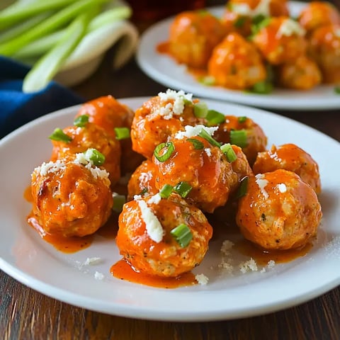A plate of chicken meatballs topped with spicy sauce, green onions, and feta cheese, with a second plate of meatballs in the background.