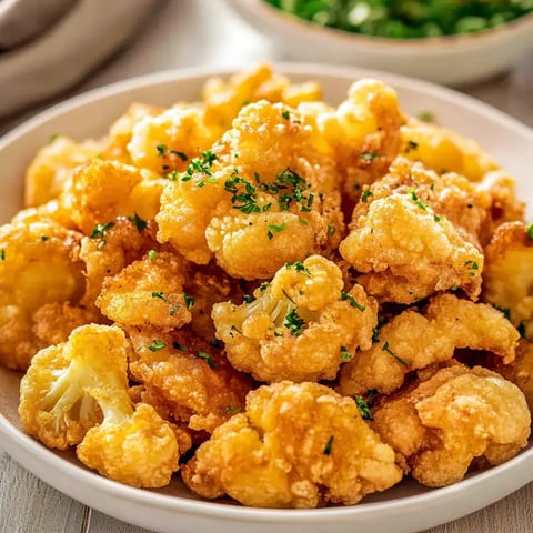 A plate loaded with golden, crunchy fried cauliflower topped with fresh chopped parsley.