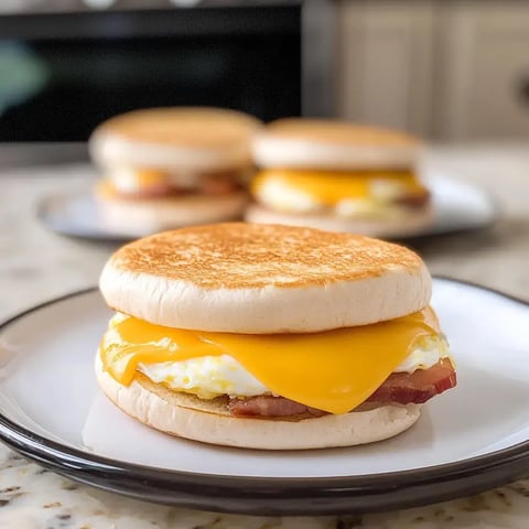 A golden-brown English muffin packed with a perfectly cooked egg, crispy bacon, and dripping cheddar cheese sits on a plate, with additional sandwiches visible nearby.