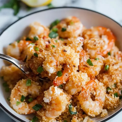 A closeup view of crispy shrimp in a bowl topped with chopped green onions and a fork on the side.