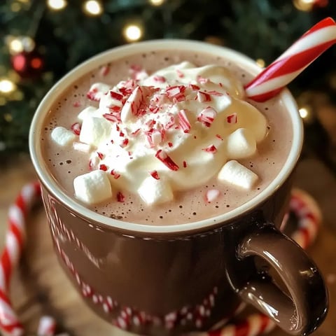 A mug of rich hot chocolate, topped with a swirl of whipped cream, bits of candy cane, marshmallows, and festive touches all around.