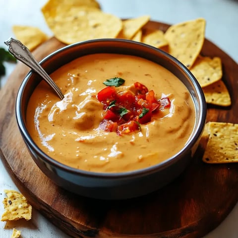 A bowl of smooth nut dip garnished with fresh tomato chunks and green herbs, with corn chips arranged around it on a wooden serving board.