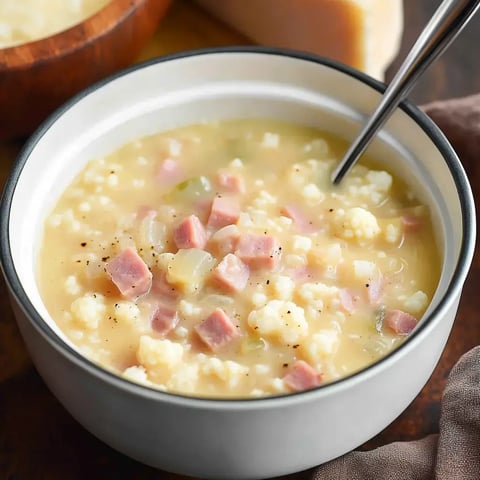 A bowl filled with chunky soup showing bits of ham, cauliflower, and veggies with a spoon dipped in.
