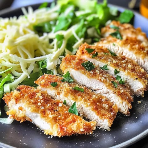 A plate of sliced breaded chicken breast garnished with parsley, served alongside mixed greens and shredded cheese.