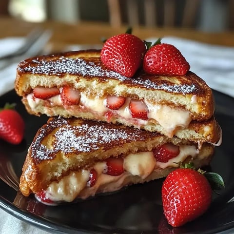 Slices of French toast packed with cream and fresh strawberries, sprinkled with powdered sugar and topped with strawberry halves.