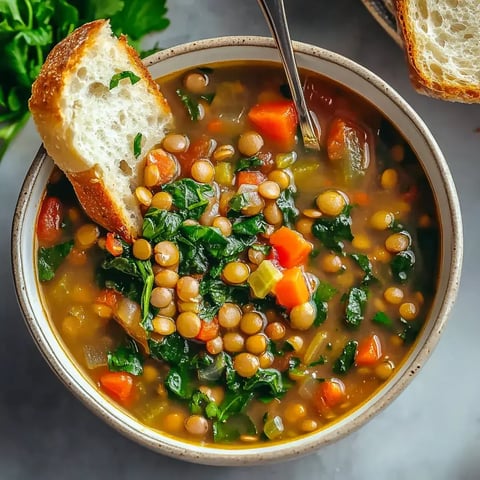 A steaming bowl of thick lentil stew with bright spinach leaves, colorful chopped veggies, and crusty bread alongside.