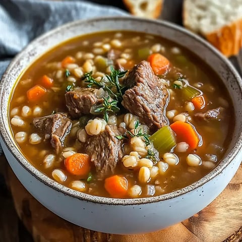 A steaming bowl of beef and barley soup loaded with carrots, celery, and herbs, with bread slices on the side.