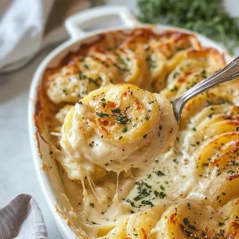 A serving spoon lifts a portion of cheesy, creamy baked potatoes from a white baking dish, with herb sprinkles on top.