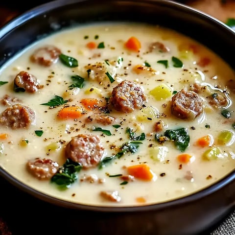 A dark bowl contains velvety soup loaded with sausage bits, carrot slices, celery chunks, and fragrant herbs.